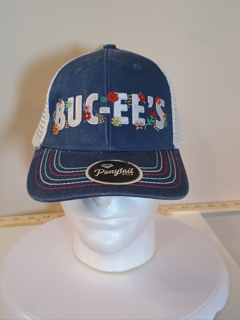 BUC-EES Navy Floral Mesh Ponytail Trucker Cap